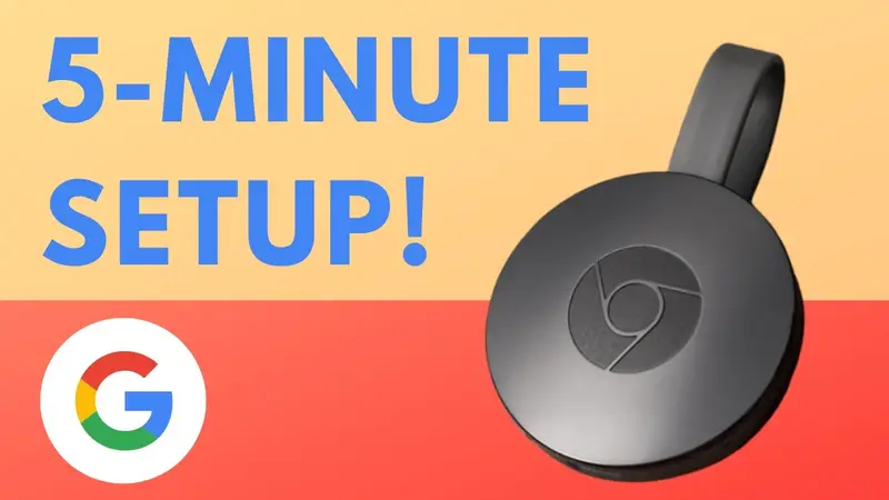 YouTube thumbnail for a five minute Chromecast setup guide showing a TV and phone