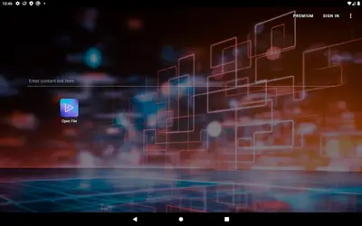 The Ace Stream home screen in landscape with the Enter content link here field and the Open File button