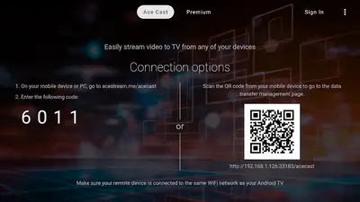 Ace Cast connection options screen in Ace Stream showing a four digit code and a QR code for linking a TV