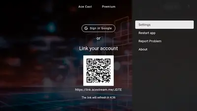 Ace Stream with the side menu open showing Settings, Restart app, Report Problem and About options