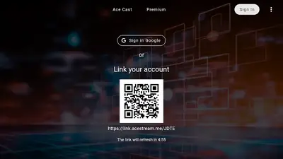 The Link your account screen in Ace Stream with Sign in Google and a QR code for device linking