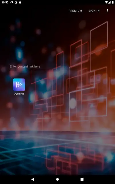 The Ace Stream home screen on a tablet in portrait, showing the content link field and Open File button